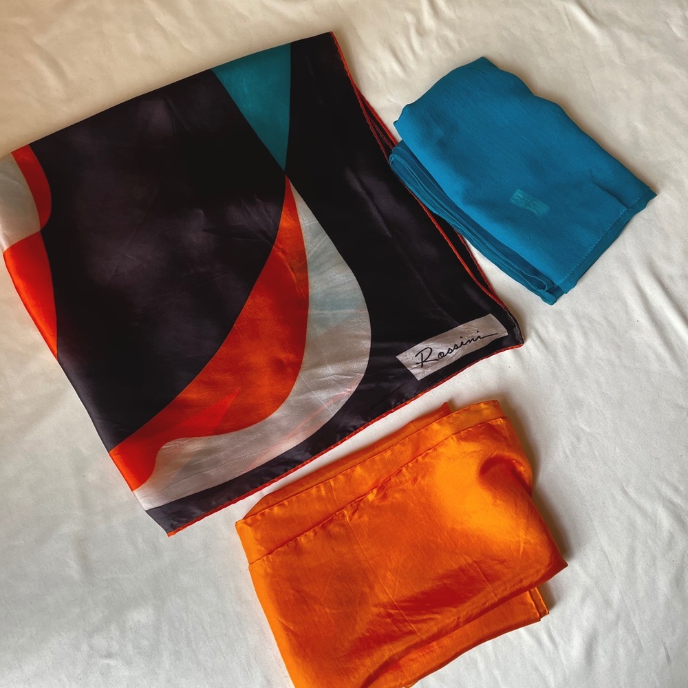 Lot of 3 Vintage 1960s Scarves Rossini Abstract Silk Orange Italian Sheer Blue